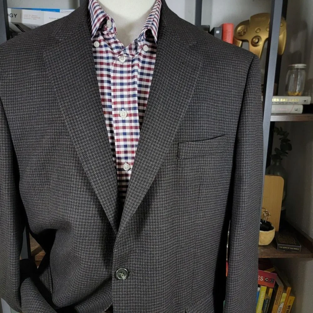 Chaps Men's Tweed Sport Coat Blazer Two Button Twill Houndstooth Brown Wool 46R‎
